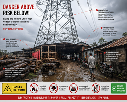 High tension transmission tower with timber yard directly beneath — Bishnupur, West Bengal