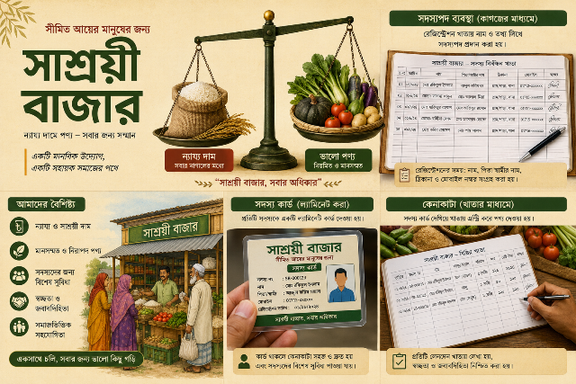 সাশ্রয়ী বাজার — সীমিত আয়ের মানুষের জন্য ন্যায্য দাম, সদস্যপদ ব্যবস্থা, সদস্য কার্ড ও খাতার মাধ্যমে কেনাকাটার তথ্যচিত্র