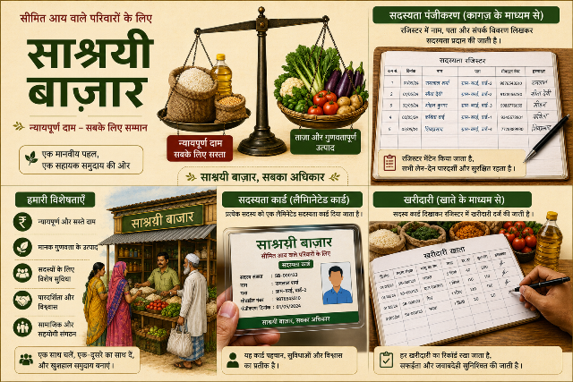 सस्ता बाज़ार — सीमित आय वाले परिवारों के लिए न्यायपूर्ण दाम, सदस्यता व्यवस्था, सदस्यता कार्ड और खाते के माध्यम से खरीदारी का इन्फ़ोग्राफ़िक